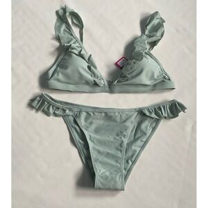 Shekini Women's  XL Aqua Green Bikini Swim  Front Ruffle Straps